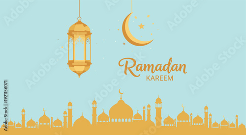 Elegant Ramadan Kareem greeting card design featuring golden lantern, crescent moon, shining stars, and mosque silhouette on light blue background for Islamic festive celebration