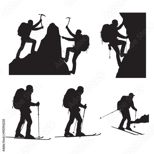 Black Mountaineering Silhouette Vector, High Quality Illustration on White Background