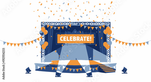 Colorful Stage with Celebrate Banner and Confetti.