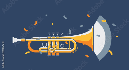 Vibrant Trumpet Illustration with Confetti Surrounding.