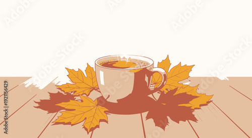 Cup of Tea Surrounded by Autumn Leaves.