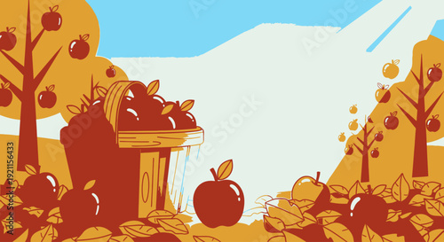 Red Apple Illustration with Fruit Basket.