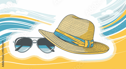Straw Hat and Sunglasses on Sand.