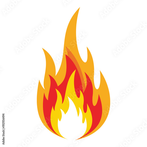 Flat style colorful fire flame icon with yellow orange and red layers isolated on white background for emergency sign use