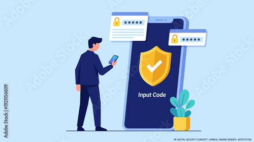 Digital Security Concept: Man Protecting Smartphone Data with Password, Verification Code, and Mobile Authentication