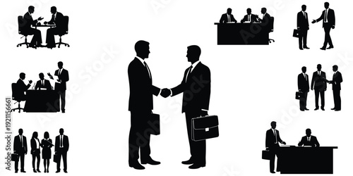 Business handshake silhouette illustration, corporate partnership artwork, teamwork negotiation design tribute, leadership collaboration graphic, office agreement flat vector illustration