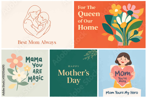 A collage of five heartwarming Mother's Day greeting card designs, celebrating mothers with beautiful illustrations and heartfelt messages.