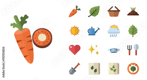 A vibrant illustration featuring a whole carrot and a cross-section of a carrot, accompanied by a collection of gardening and nature-themed icons.