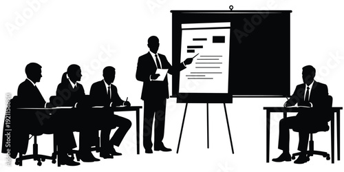 Business presentation silhouette illustration, corporate meeting artwork, teamwork communication design tribute, leadership strategy graphic, office discussion flat vector illustration