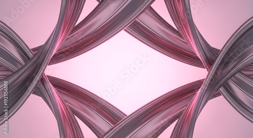Dynamic 3D metallic ribbons flowing with soft pink volumetric light abstract background.