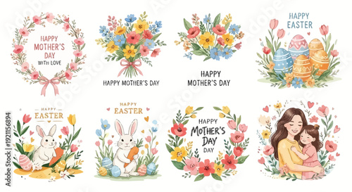 A collection of charming watercolor illustrations celebrating Mother's Day and Easter with floral wreaths, bouquets, bunnies, and a mother holding her child.