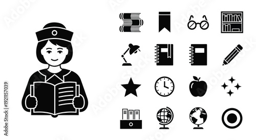 A stylized illustration of a person in academic regalia reading an open book, accompanied by a collection of educational and school-related icons.