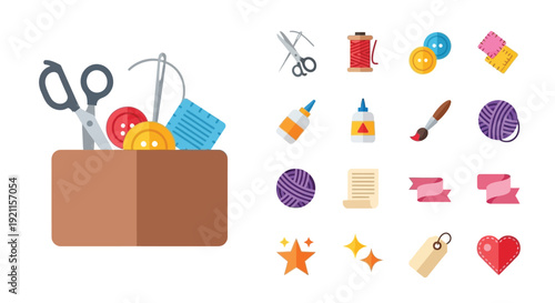 A collection of crafting supplies including scissors, needles, thread, buttons, yarn, glue, and ribbons, presented in a box and as individual icons.