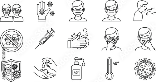 Healthcare Prevention and Virus Protection Vector Icon Set Featuring Face Masks Hand Washing Vaccination Fever Symptoms and Medical Safety Symbols