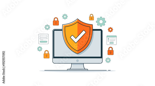 Cybersecurity Concept Illustration: Data Protection, Online Safety & System Security with Shield, Checkmark, Padlocks, and Computer Monitor