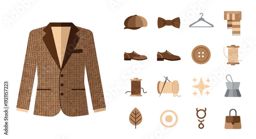 A collection of flat design icons representing men's fashion and tailoring accessories, including a tweed jacket, shoes, bow tie, and sewing tools.