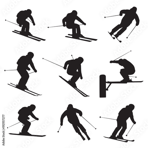 Black Skiing Silhouette Vector, High Quality Illustration on White Background