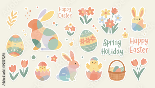 A charming collection of Easter-themed illustrations featuring pastel-colored bunnies, decorated eggs, blooming flowers, and cute chicks, perfect for spring holiday decorations and designs.