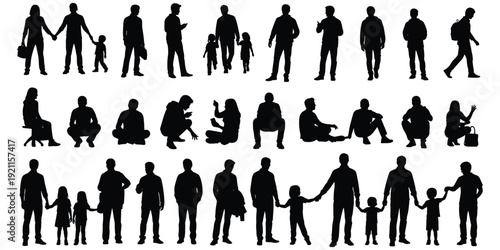 Human interaction silhouette illustration, diverse posture artwork, lifestyle communication design tribute, family relationship concept, social connection flat vector illustration