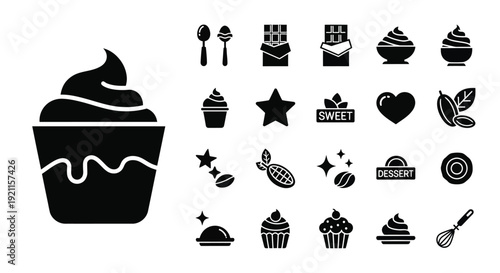 A collection of black and white icons representing various sweet treats and dessert-related elements, including cupcakes, chocolate bars, spoons, and coffee beans.