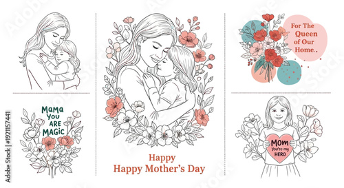 A collection of heartwarming illustrations celebrating Mother's Day, featuring mothers and children in tender embraces surrounded by floral elements.