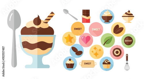 A delightful collection of sweet treats and dessert-themed icons, featuring a creamy chocolate sundae, a spoon, and various decorative elements.
