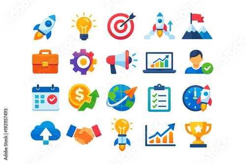 A collection of modern icon illustrations representing business and technology concepts