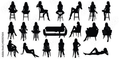 Seated female silhouette illustration, posture gesture artwork, furniture design tribute, lifestyle relaxation graphic, ergonomic position concept, expressive anatomy theme flat vector illustration