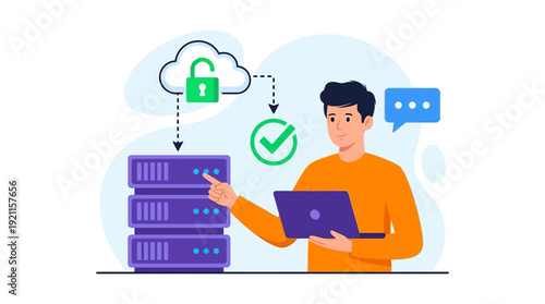 IT Professional Securing Cloud Data on Servers with Laptop - Data Security & Cloud Computing Concept