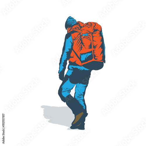Illustration of a bearded man with a hiking outfit. He's wearing a wide-brimmed hat, holding a trekking pole, and carrying a large backpack. The image is drawn in a monochromatic, 