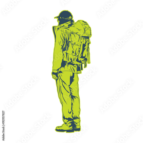 A silhouette-style illustration of a person facing sideways, wearing a cap, a jacket, pants, and boots. They have a large backpack, suggesting they might be hiking or traveling. The color scheme is a 