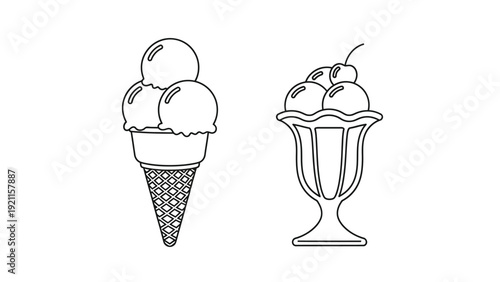 Black and white line art illustration showcasing a delicious ice cream cone next to a classic sundae dish ready for coloring activities.