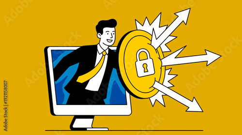 Digital Security Guardian: Businessman with Padlock Shield Blocks Cyber Attacks from Monitor, Representing Online Protection & Data Defense