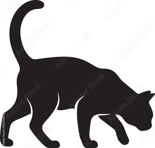 Cat Walking With Tail Curved And Head Down Sniffing Silhouettes Isolated On White Background