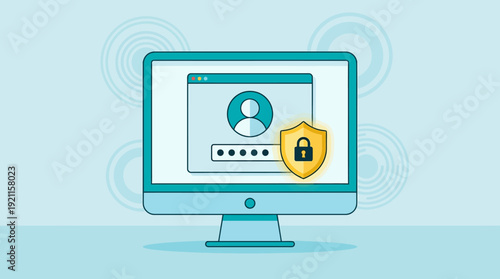 Secure Login and Data Protection Illustration. Computer Monitor with User Account, Password, and Cybersecurity Shield for Online Privacy & Authentication