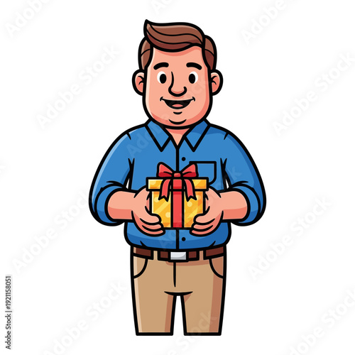 Man Holding Gift Box with Red Ribbon.