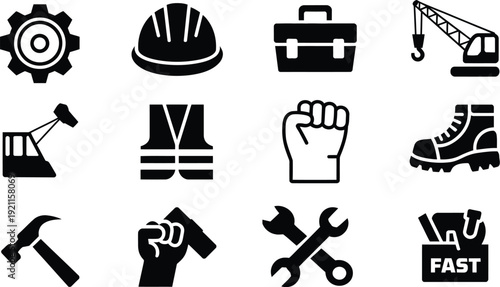 Industrial construction icon set featuring heavy machinery tools safety gear work boots hard hat and hammer symbols for labor day design.