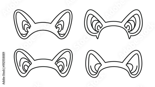 Collection of four distinct black and white line art illustrations representing various stylized animal ear headband templates suitable for crafts or decoration projects.
