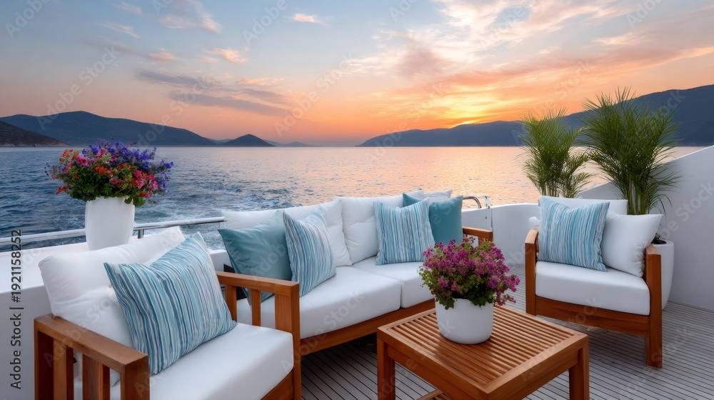 Fototapeta premium Luxury yacht deck cruising at sunset on ocean