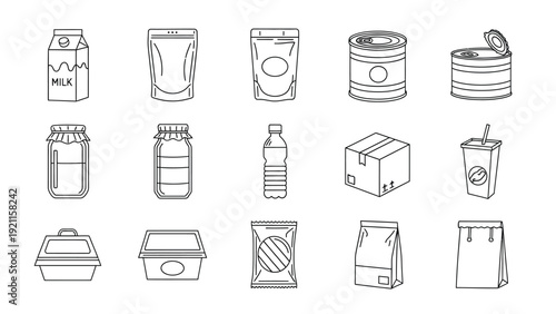 A food packaging container collection with milk carton cans bottles boxes and takeaway cups