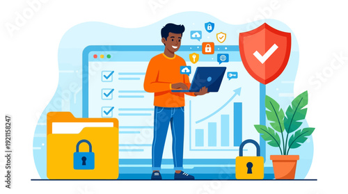 Cybersecurity and Data Protection. Man Manages Digital Privacy, Secure Cloud Data, and Information Security on Laptop.