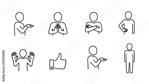A human gesture icon set showing clapping greeting hugging thumbs up and standing poses