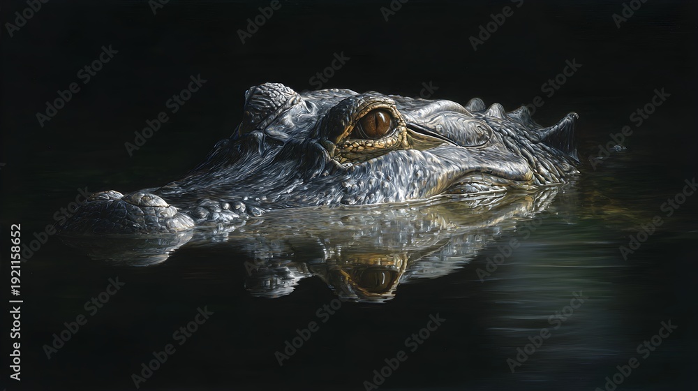 Fototapeta premium Hyper realistic portrait of an alligator or crocodile floating in dark water with reflection