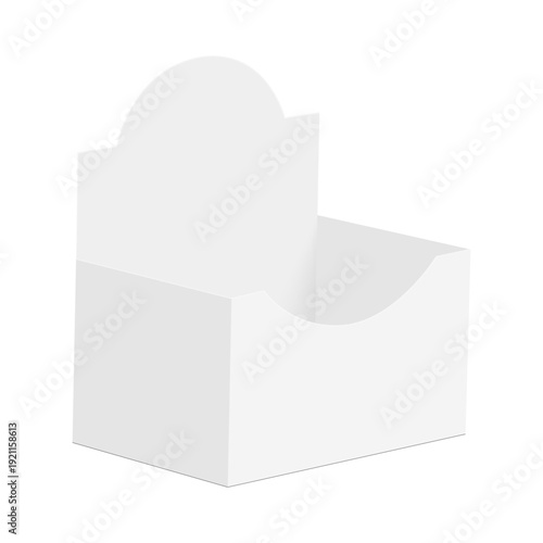 Blank cardboard display box mockup in side perspective view on white background. Vector template for product packaging design, retail branding, counter display and POS presentation