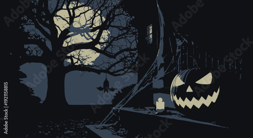 Glowing Pumpkin Face in Dark Scene.