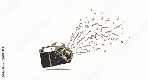 Broken Camera with Shattered Lens and Pieces.