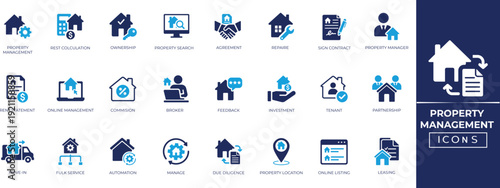 Property management icon set for real estate, rent, contract, deal, document, finance, inventory, investment, and facility service symbols. Solid vector icon collection.
