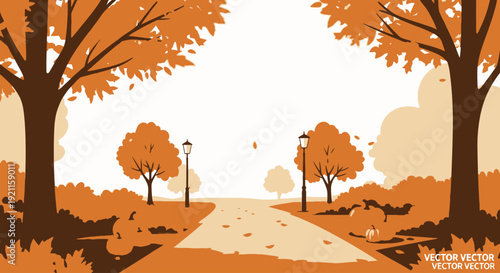 Autumn Trees with Orange Leaves on Roadside.