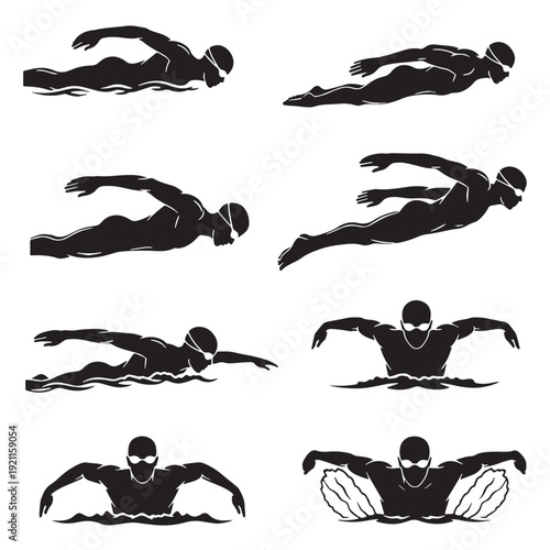 Black Swimming Silhouette Vector, High Quality Illustration on White Background