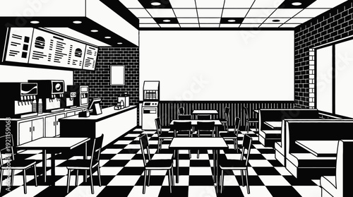 fast food restaurant interior table chair menu kitchen hospitality service urban casual atmosphere design black and white vector illustration